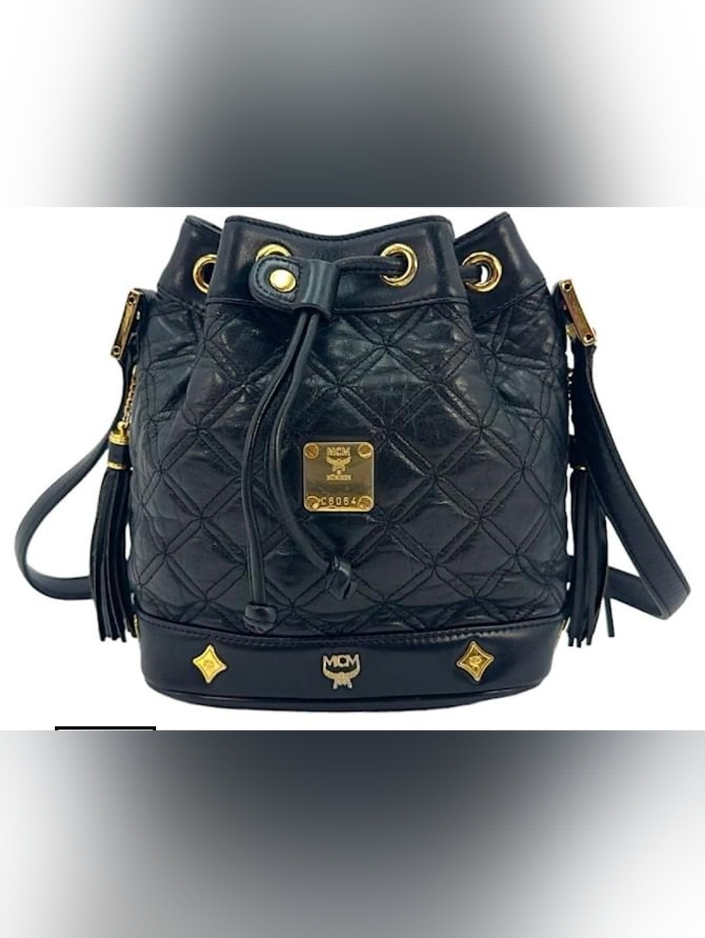 MCM Black Quilted Leather Drawstring Bucket Bag with Gold Hardware